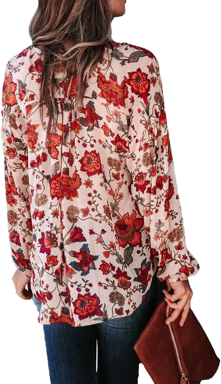 MLEBR Womens Blouses Fashion Long Sleeve V Neck Loose Casual Floral Leopard Printed Chiffon Blouses Tops and T Shirts