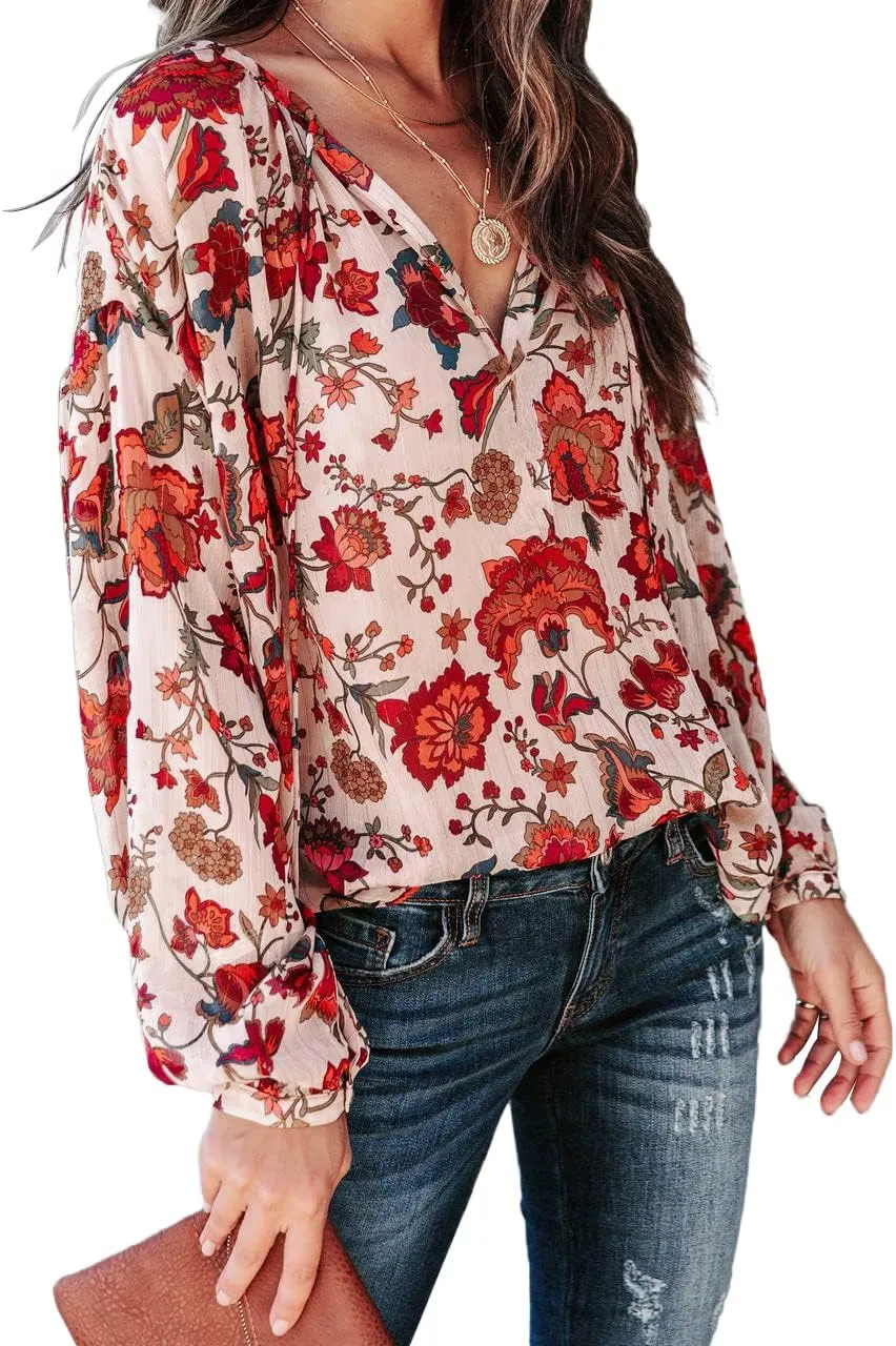 MLEBR Womens Blouses Fashion Long Sleeve V Neck Loose Casual Floral Leopard Printed Chiffon Blouses Tops and T Shirts