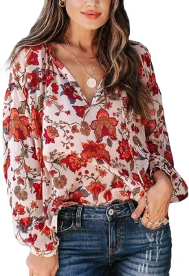 MLEBR Womens Blouses Fashion Long Sleeve V Neck Loose Casual Floral Leopard Printed Chiffon Blouses Tops and T Shirts