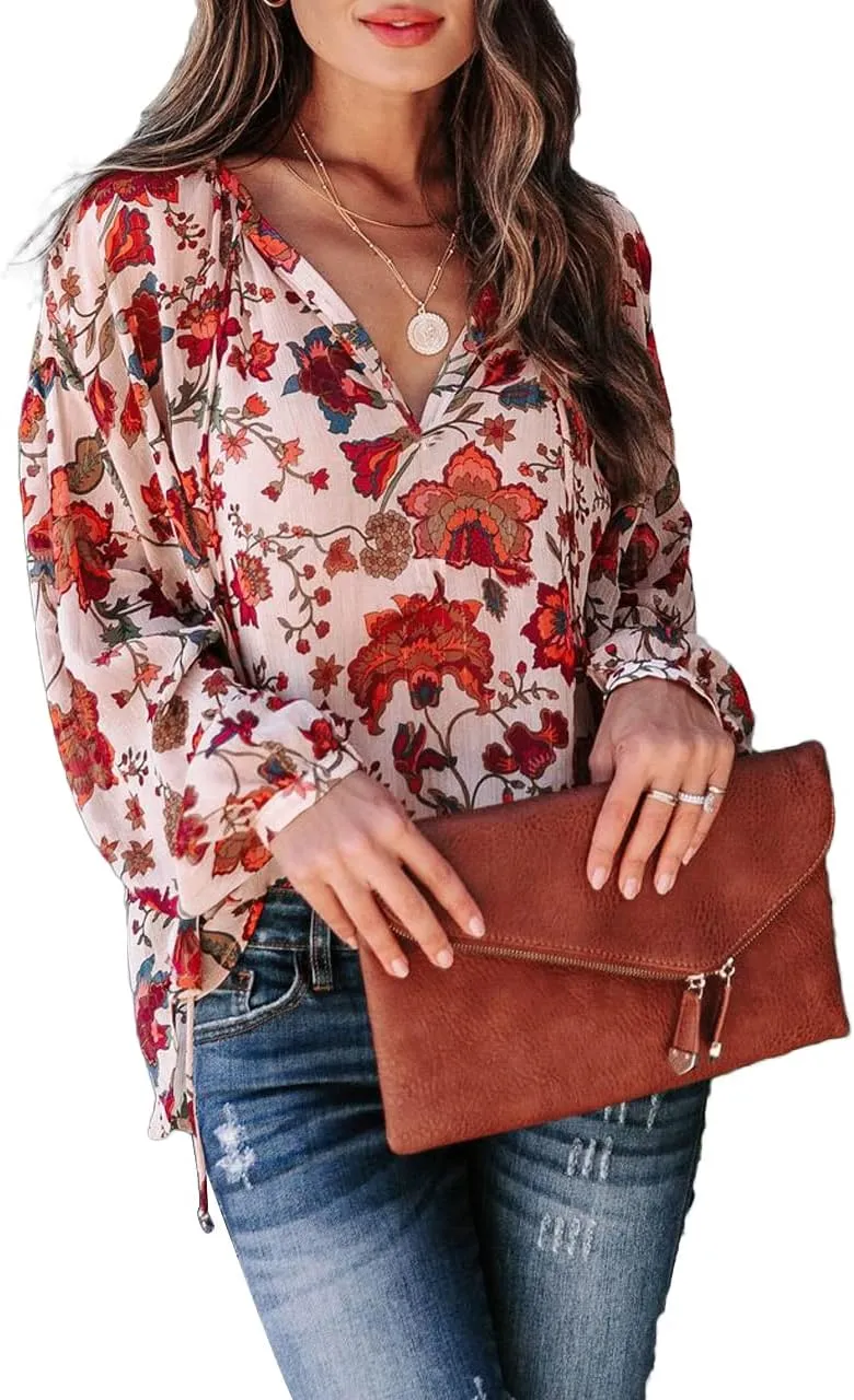MLEBR Womens Blouses Fashion Long Sleeve V Neck Loose Casual Floral Leopard Printed Chiffon Blouses Tops and T Shirts