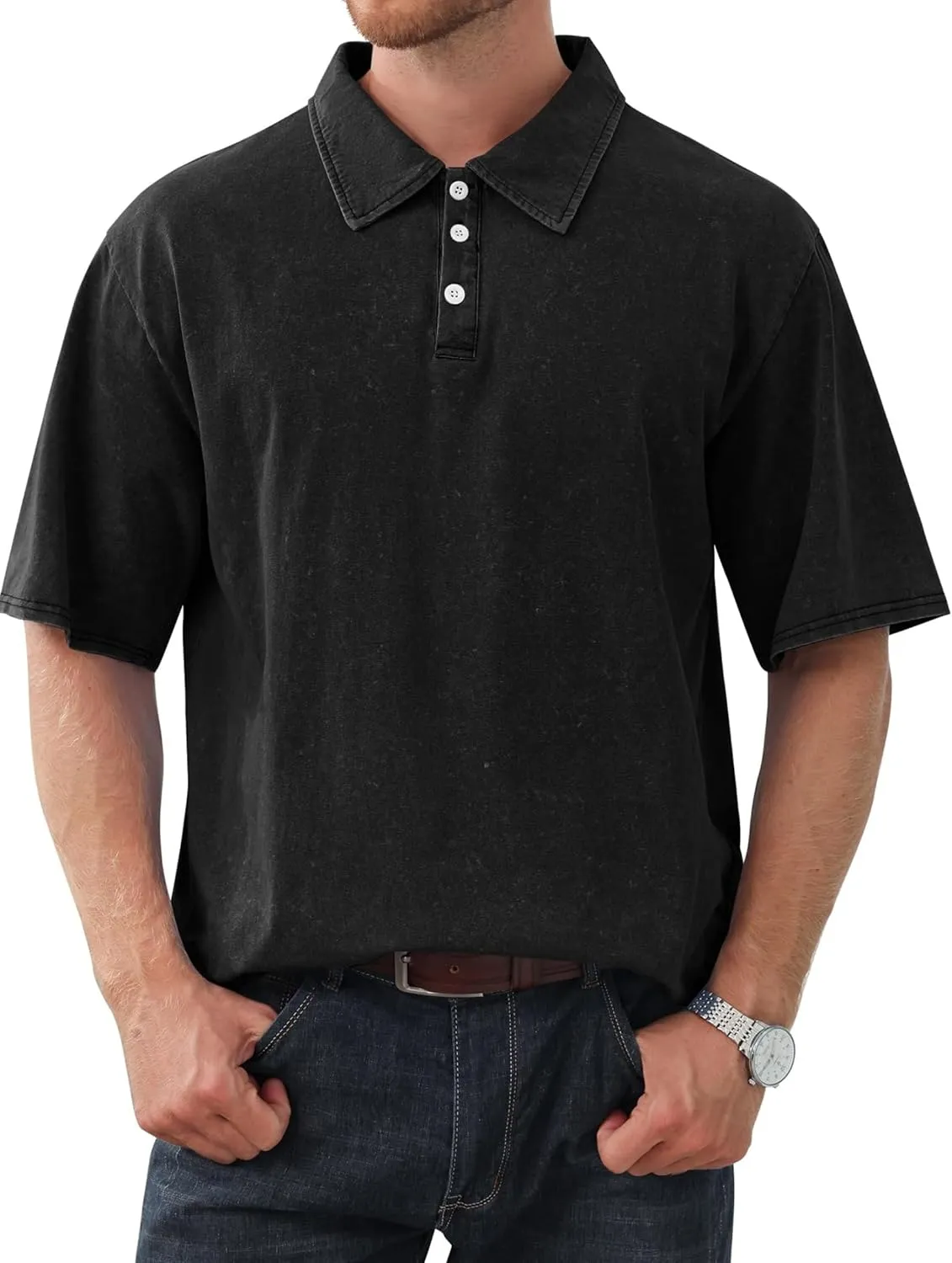 Mokaloha Mens Shirts Mokaloha Mens Pure Cotton Vintage Distressed Polo Shirt Casual Lapel Short Sleeve Button Down Tee