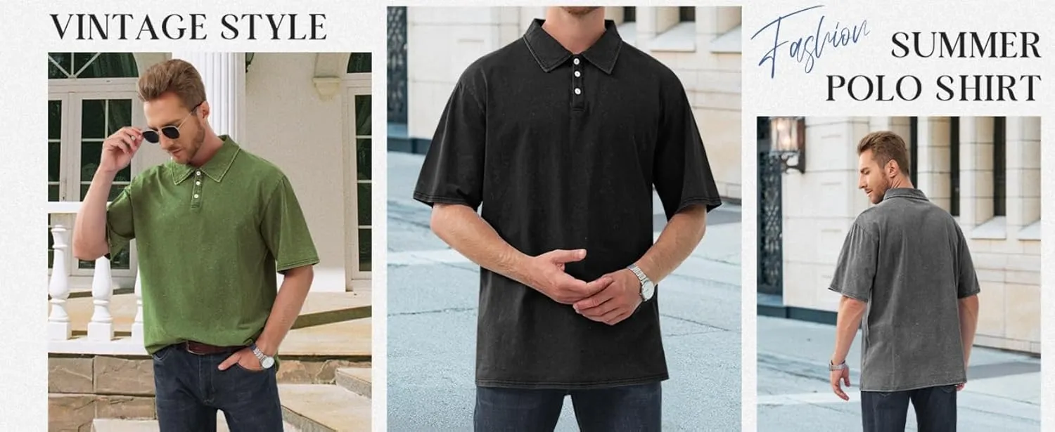 Mokaloha Mens Shirts Mokaloha Mens Pure Cotton Vintage Distressed Polo Shirt Casual Lapel Short Sleeve Button Down Tee