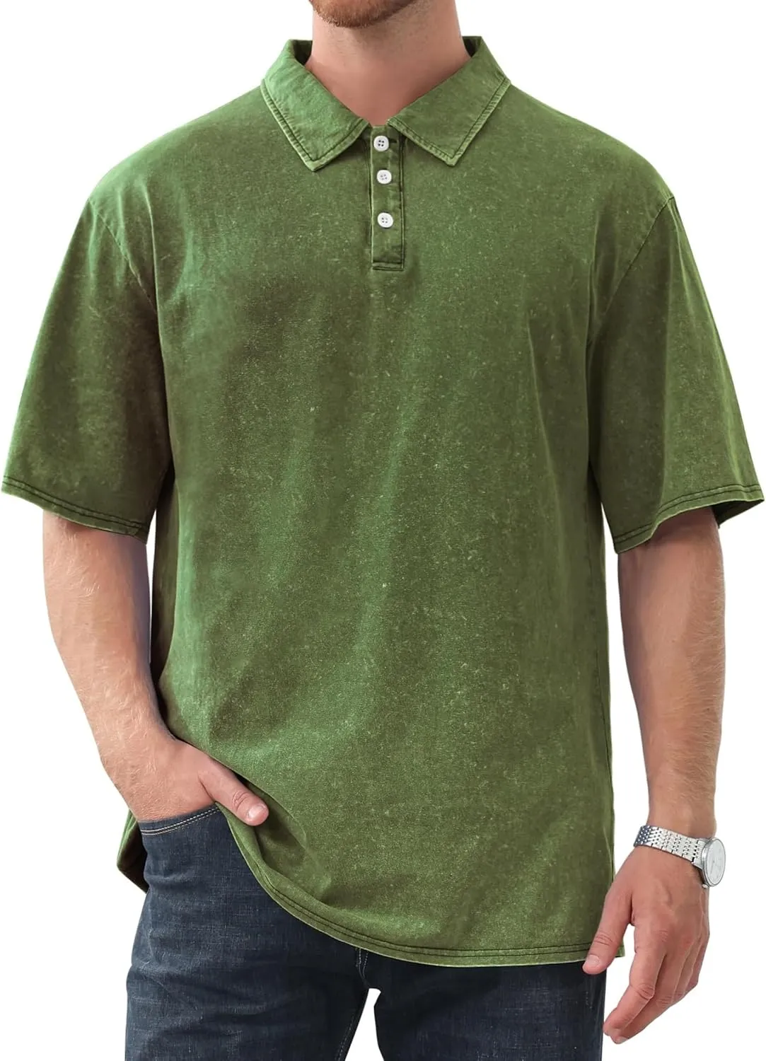 Mokaloha Mens Shirts Mokaloha Mens Pure Cotton Vintage Distressed Polo Shirt Casual Lapel Short Sleeve Button Down Tee