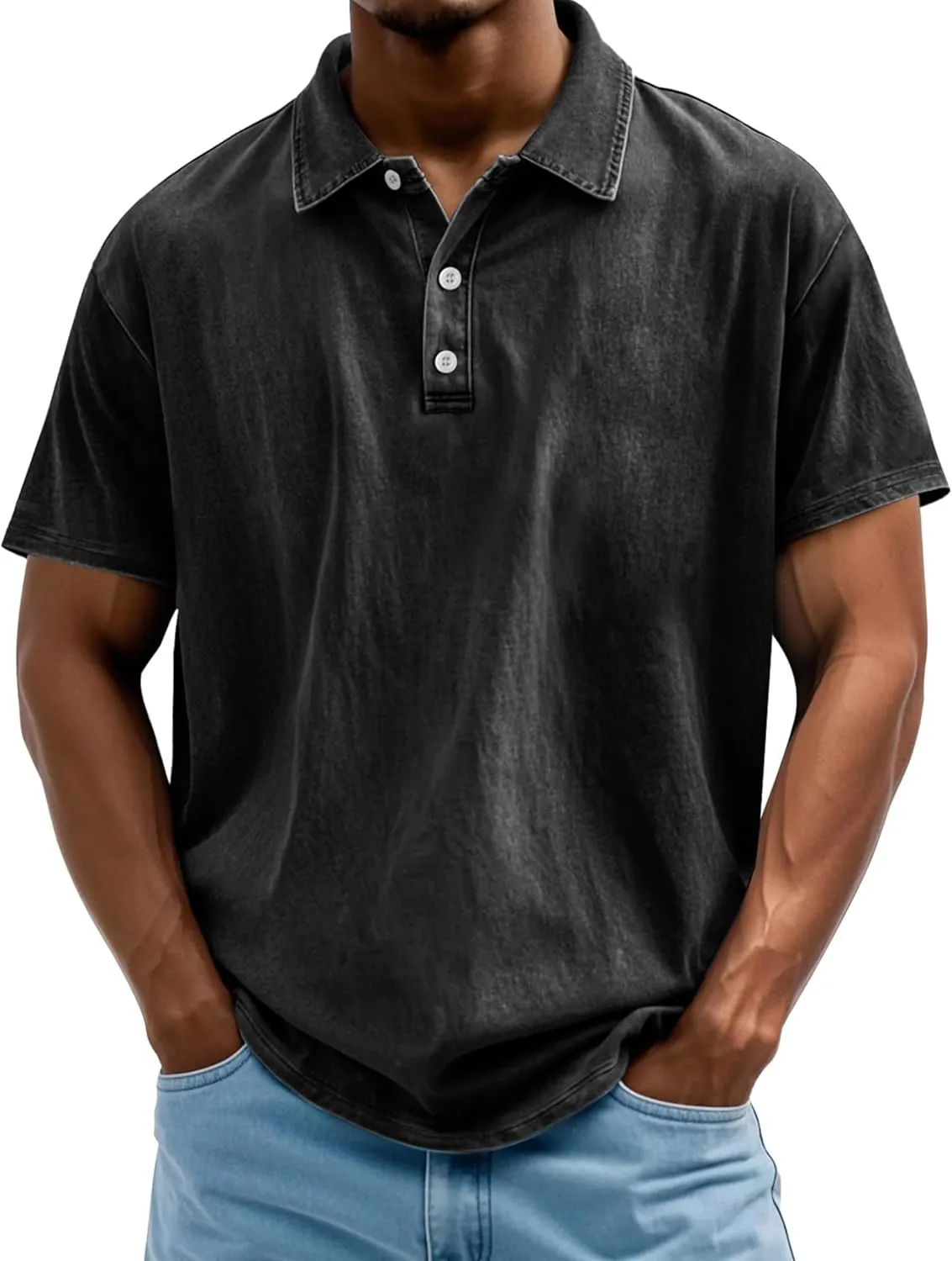 Mokaloha Mens Shirts Mokaloha Mens Pure Cotton Vintage Distressed Polo Shirt Casual Lapel Short Sleeve Button Down Tee