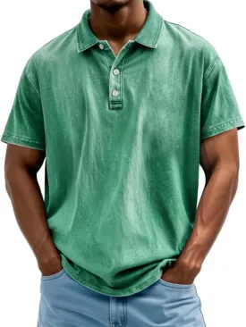 Mokaloha Mens Shirts Mokaloha Mens Pure Cotton Vintage Distressed Polo Shirt Casual Lapel Short Sleeve Button Down Tee