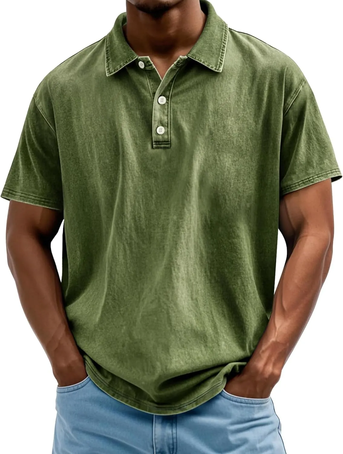 Mokaloha Mens Shirts Mokaloha Mens Pure Cotton Vintage Distressed Polo Shirt Casual Lapel Short Sleeve Button Down Tee
