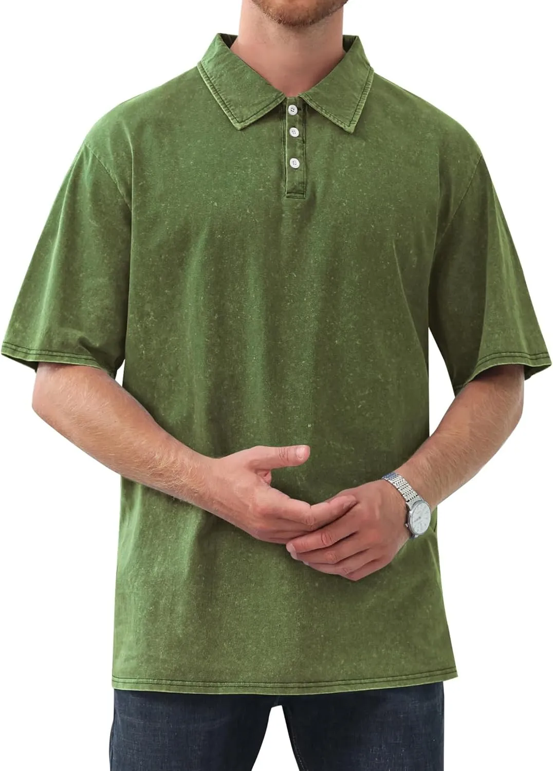 Mokaloha Mens Shirts Mokaloha Mens Pure Cotton Vintage Distressed Polo Shirt Casual Lapel Short Sleeve Button Down Tee