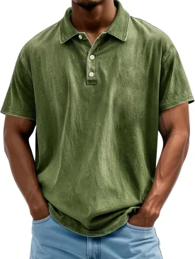 Mokaloha Mens Shirts Mokaloha Mens Pure Cotton Vintage Distressed Polo Shirt Casual Lapel Short Sleeve Button Down Tee
