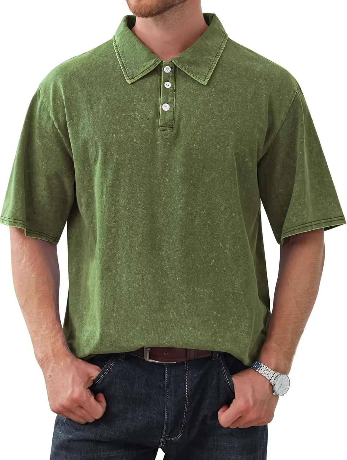 Mokaloha Mens Shirts Mokaloha Mens Pure Cotton Vintage Distressed Polo Shirt Casual Lapel Short Sleeve Button Down Tee
