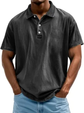Mokaloha Mens Shirts Mokaloha Mens Pure Cotton Vintage Distressed Polo Shirt Casual Lapel Short Sleeve Button Down Tee