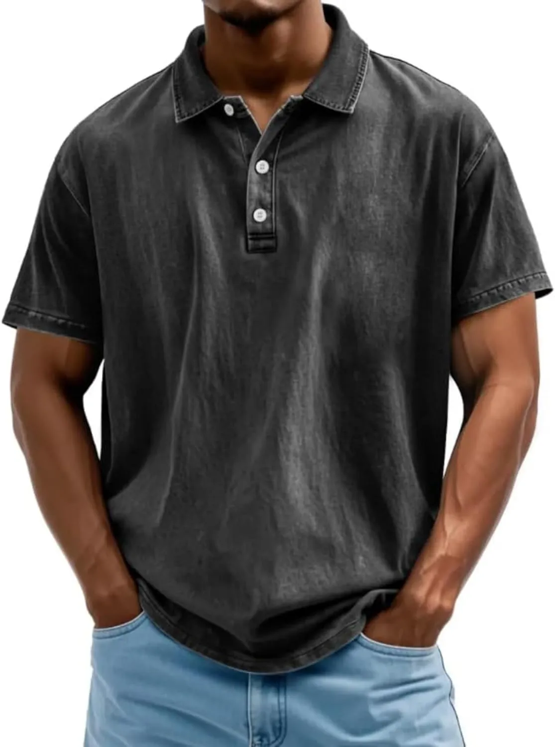 Mokaloha Mens Shirts Mokaloha Mens Pure Cotton Vintage Distressed Polo Shirt Casual Lapel Short Sleeve Button Down Tee
