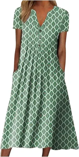 NaRHbrg Womens Summer Dress Casual Floral Print Midi Dress Button V Neck Short Sleeve Dresses Flowy Boho Beach Party Sundress