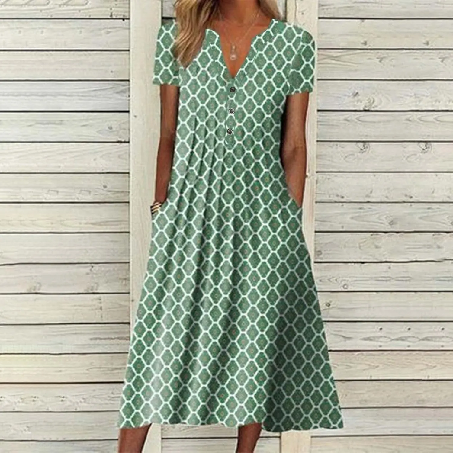 NaRHbrg Womens Summer Dress Casual Floral Print Midi Dress Button V Neck Short Sleeve Dresses Flowy Boho Beach Party Sundress