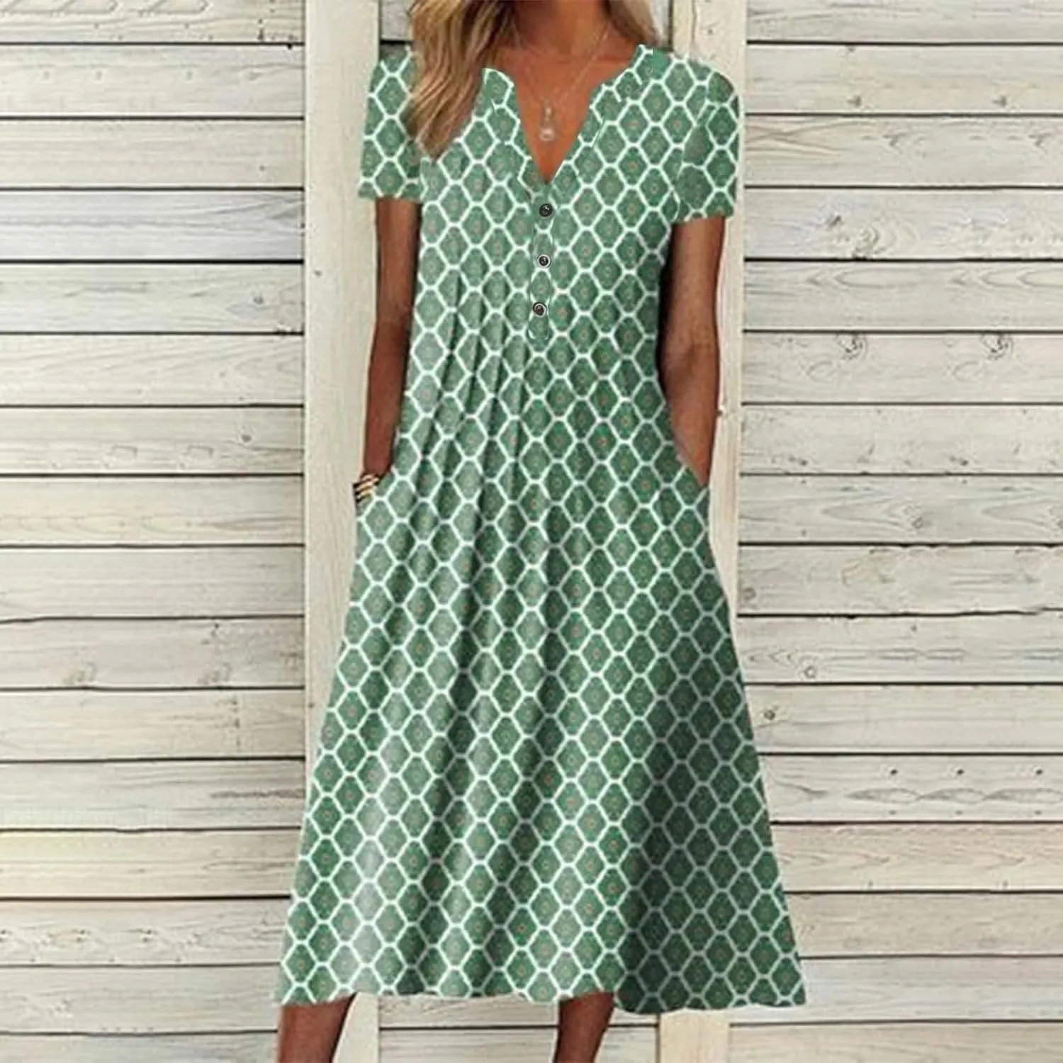 NaRHbrg Womens Summer Dress Casual Floral Print Midi Dress Button V Neck Short Sleeve Dresses Flowy Boho Beach Party Sundress
