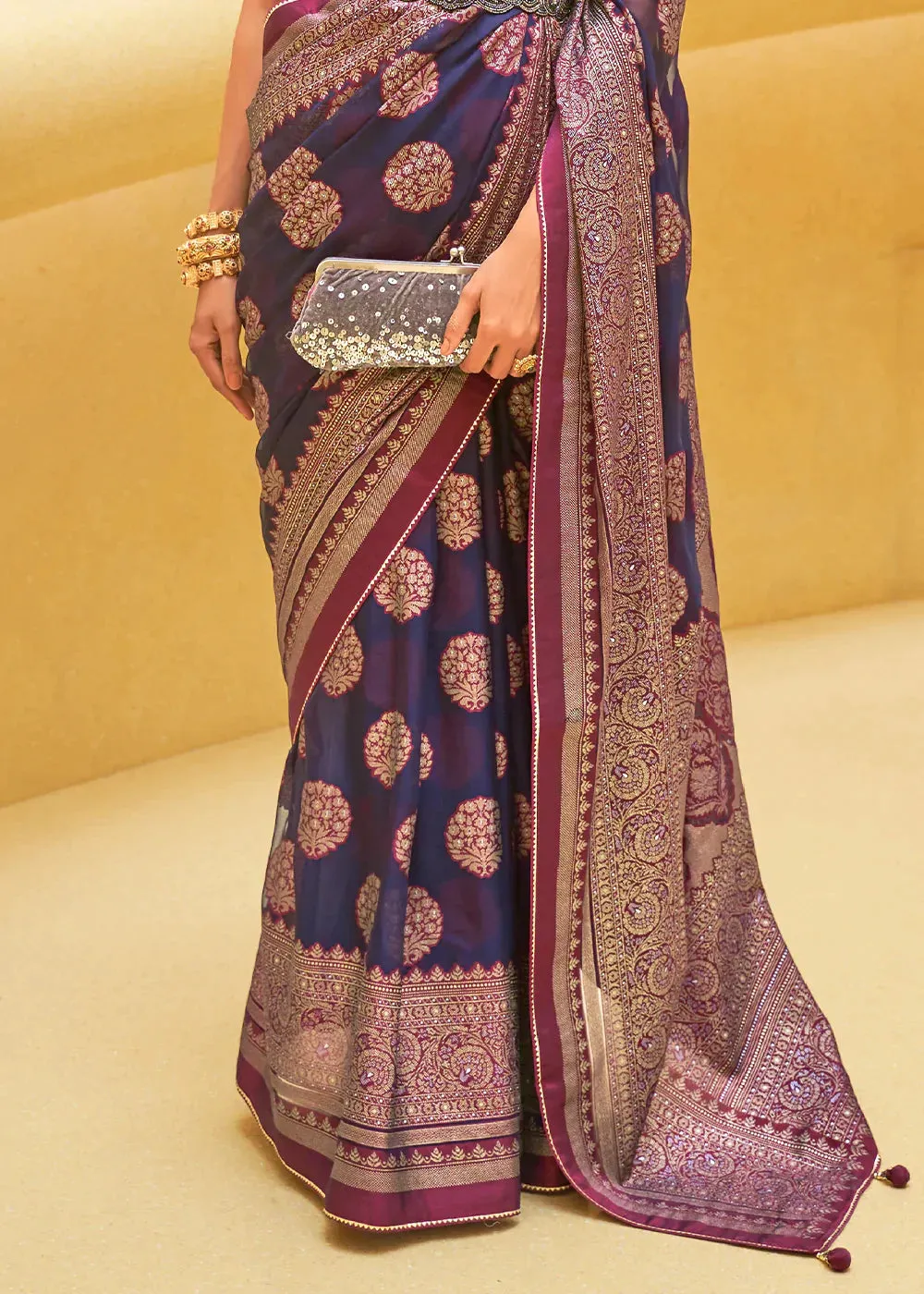 Navy Blue Zari Woven Brasso Organza Silk Saree
