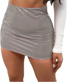 Neon Leather Mini Skirt for Women Sexy High Waist PU Latex Bodycon Pencil Skirts Y2K Shiny Clubwear