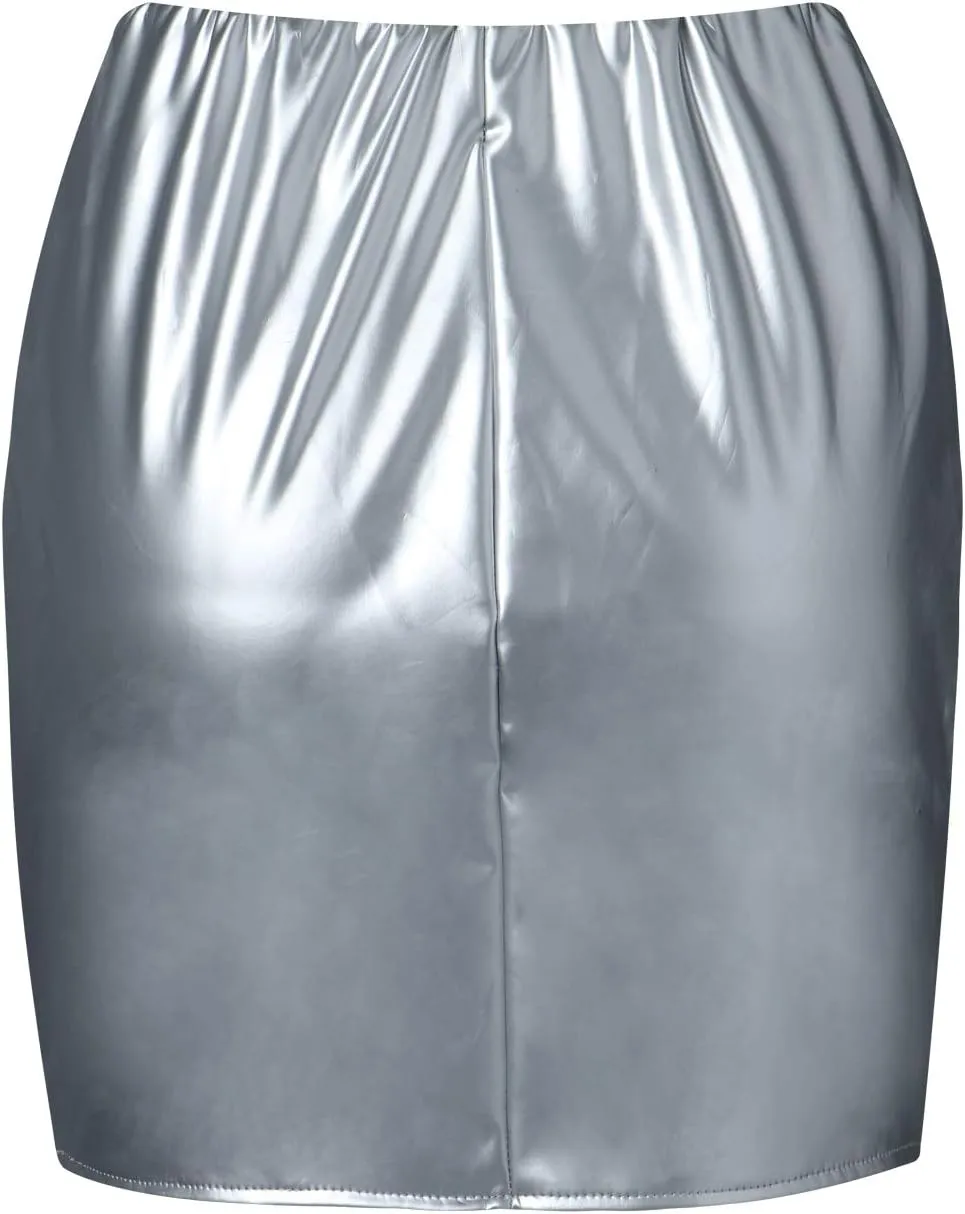 Neon Leather Mini Skirt for Women Sexy High Waist PU Latex Bodycon Pencil Skirts Y2K Shiny Clubwear