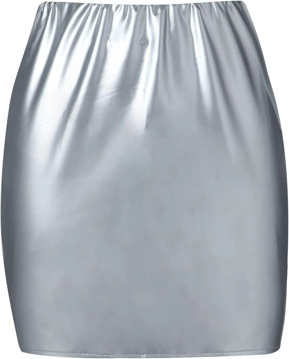 Neon Leather Mini Skirt for Women Sexy High Waist PU Latex Bodycon Pencil Skirts Y2K Shiny Clubwear