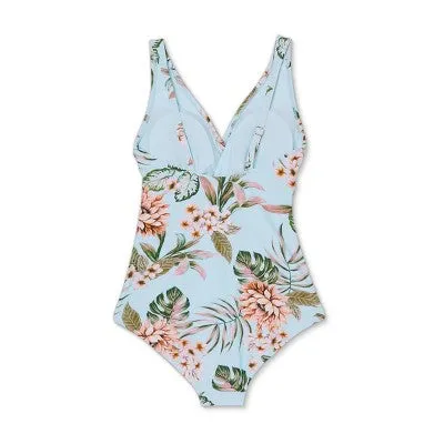 New - Kona Sol Women's High Coverage One Piece Swimsuit Wrap Front Swimwear Tropical S