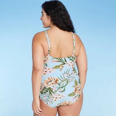 New - Kona Sol Women's High Coverage One Piece Swimsuit Wrap Front Swimwear Tropical S