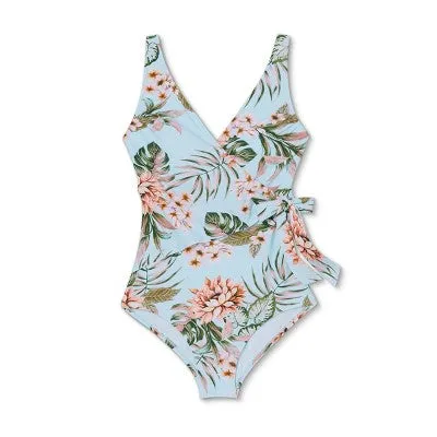 New - Kona Sol Women's High Coverage One Piece Swimsuit Wrap Front Swimwear Tropical S