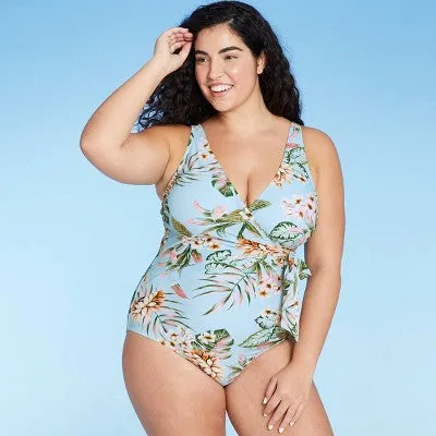 New - Kona Sol Women's High Coverage One Piece Swimsuit Wrap Front Swimwear Tropical S