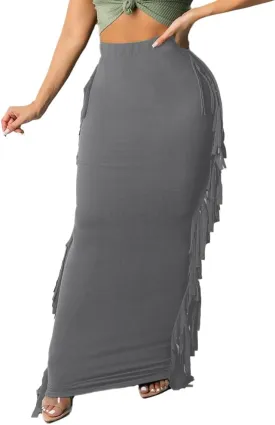 Nimsruc Women's Elastic Waist Slim Sexy Bodycon Skirts Party Club Night Out Long Pencil Maxi Skirt with Side Tassels