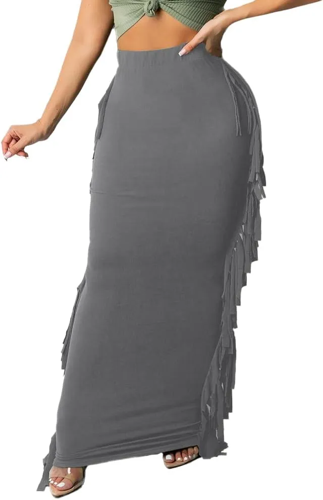 Nimsruc Women's Elastic Waist Slim Sexy Bodycon Skirts Party Club Night Out Long Pencil Maxi Skirt with Side Tassels