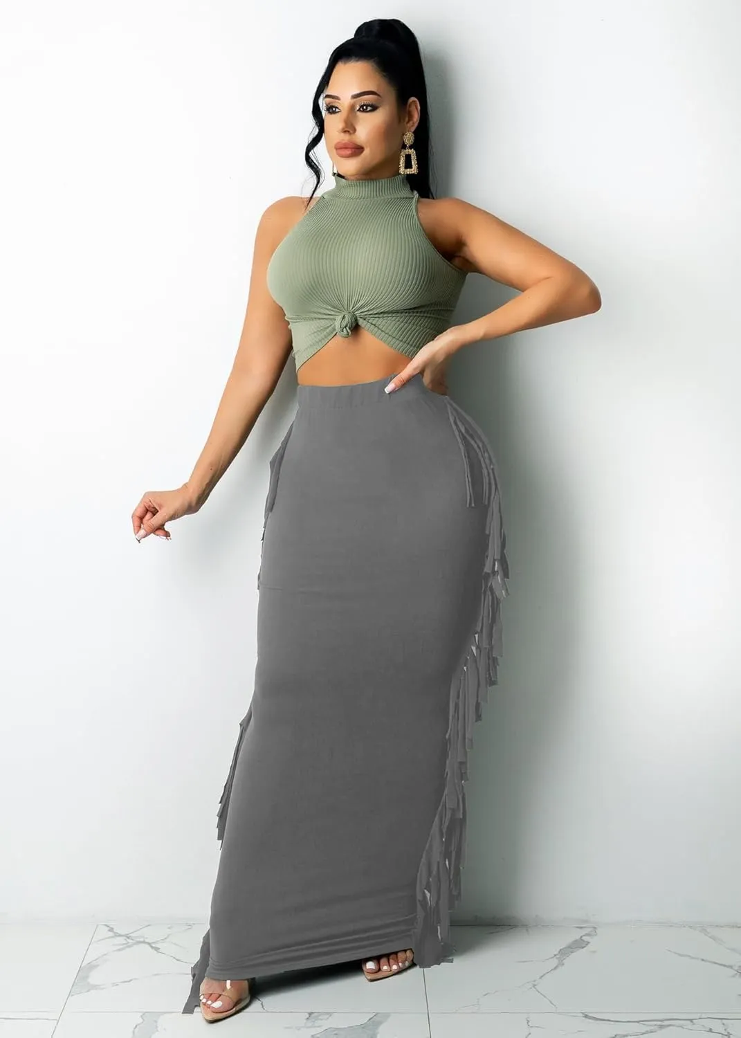 Nimsruc Women's Elastic Waist Slim Sexy Bodycon Skirts Party Club Night Out Long Pencil Maxi Skirt with Side Tassels