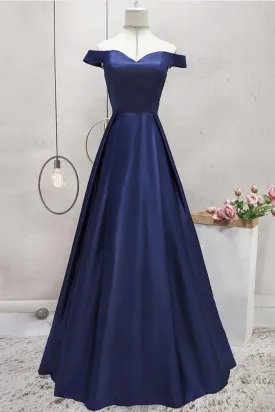 Off Shoulder Blue Satin Long Prom Dress, Off Shoulder Blue Formal Dress, Blue Evening Dress