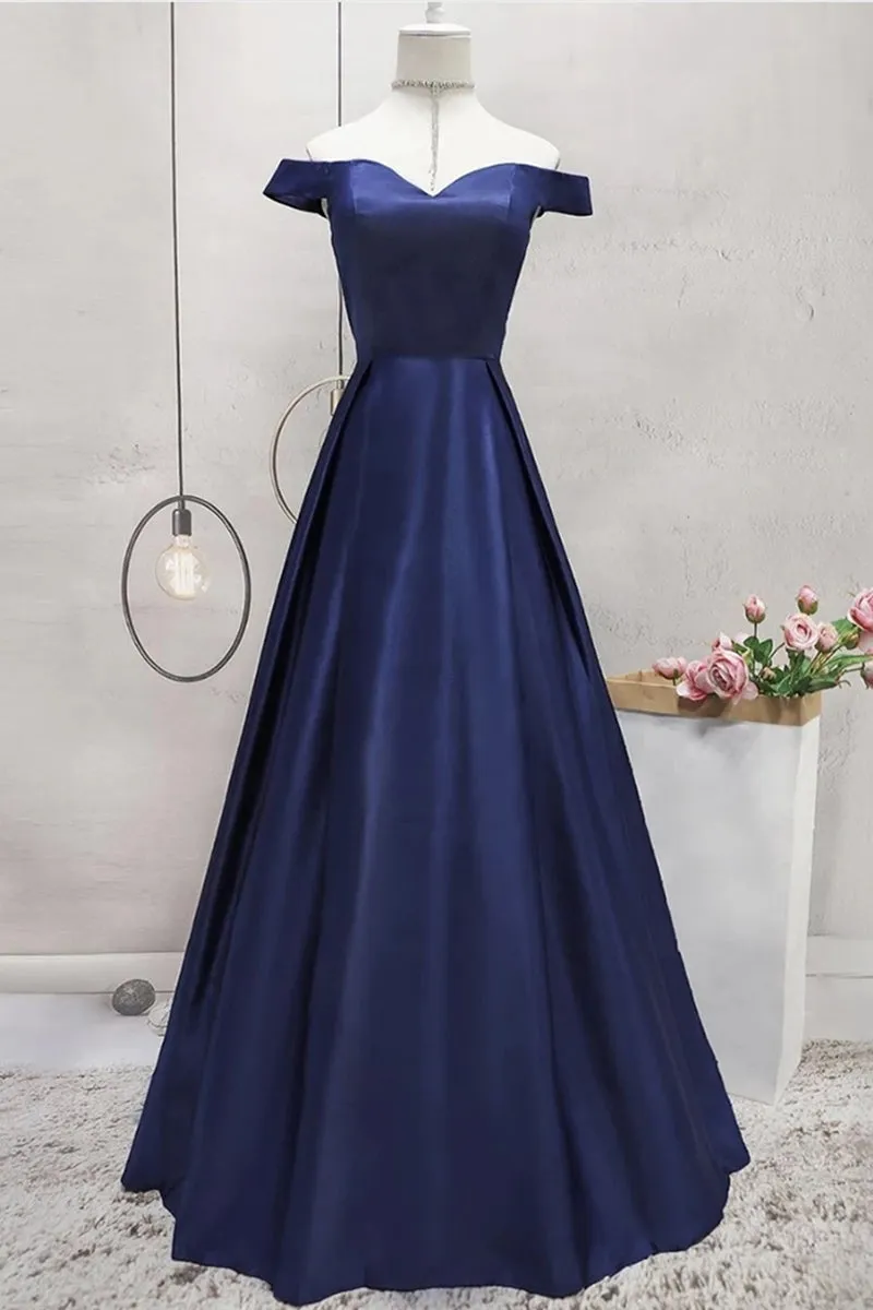 Off Shoulder Blue Satin Long Prom Dress, Off Shoulder Blue Formal Dress, Blue Evening Dress
