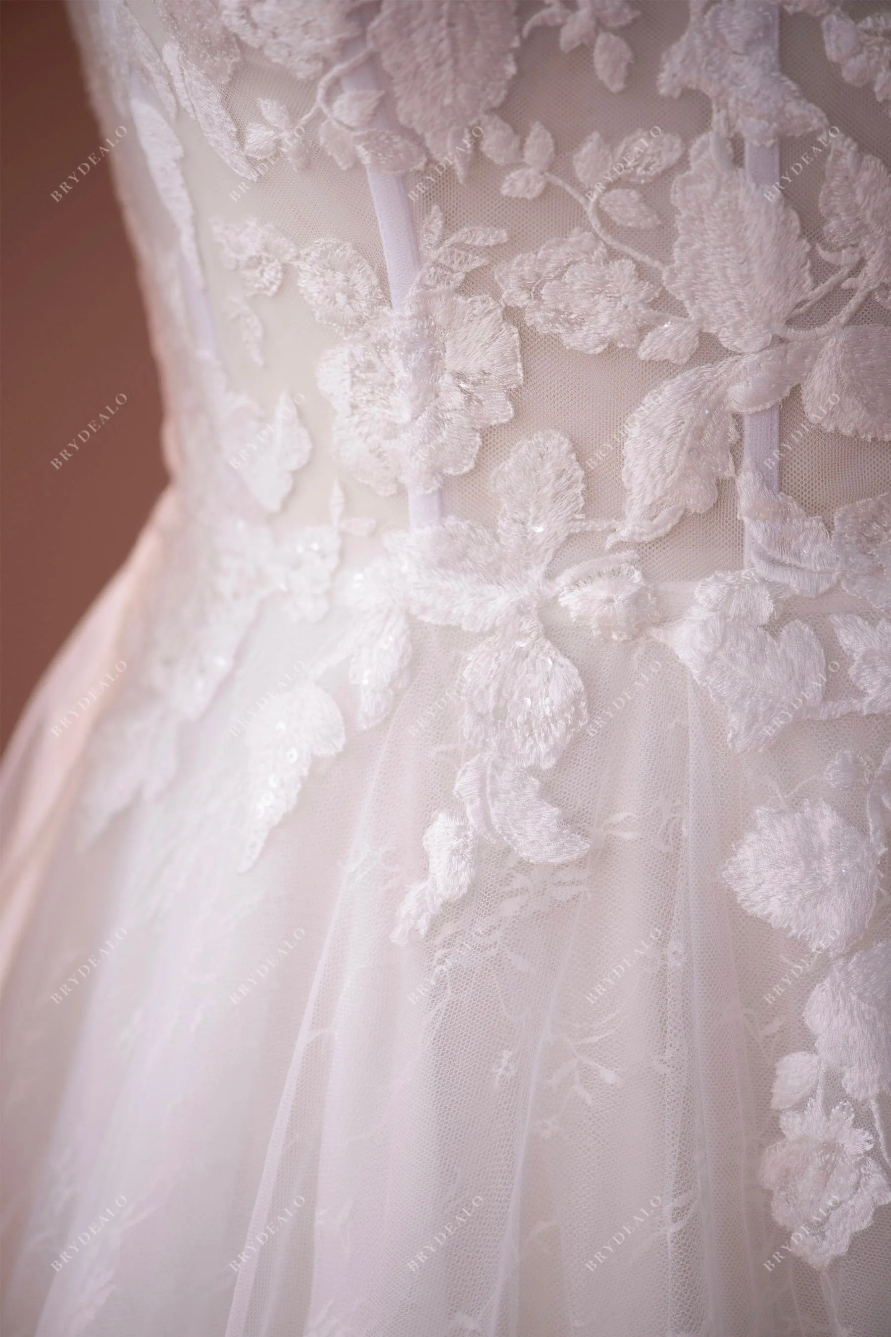 Off Shoulder Illusion Corset Designer Lace A-line Wedding Dress