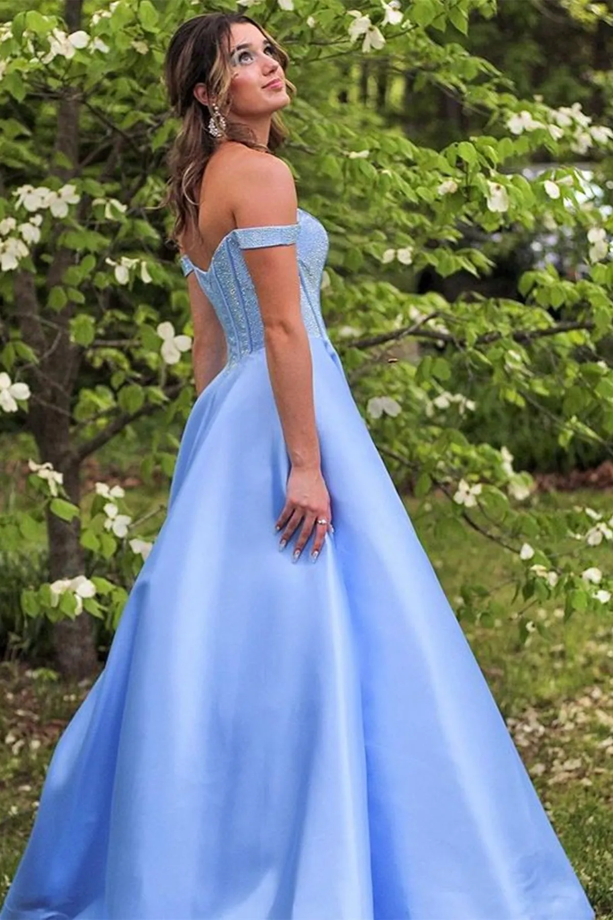 Off the Shoulder Light Blue Satin Long Prom Dress, Off Shoulder Formal Dress, Light Blue Evening Dress A1890