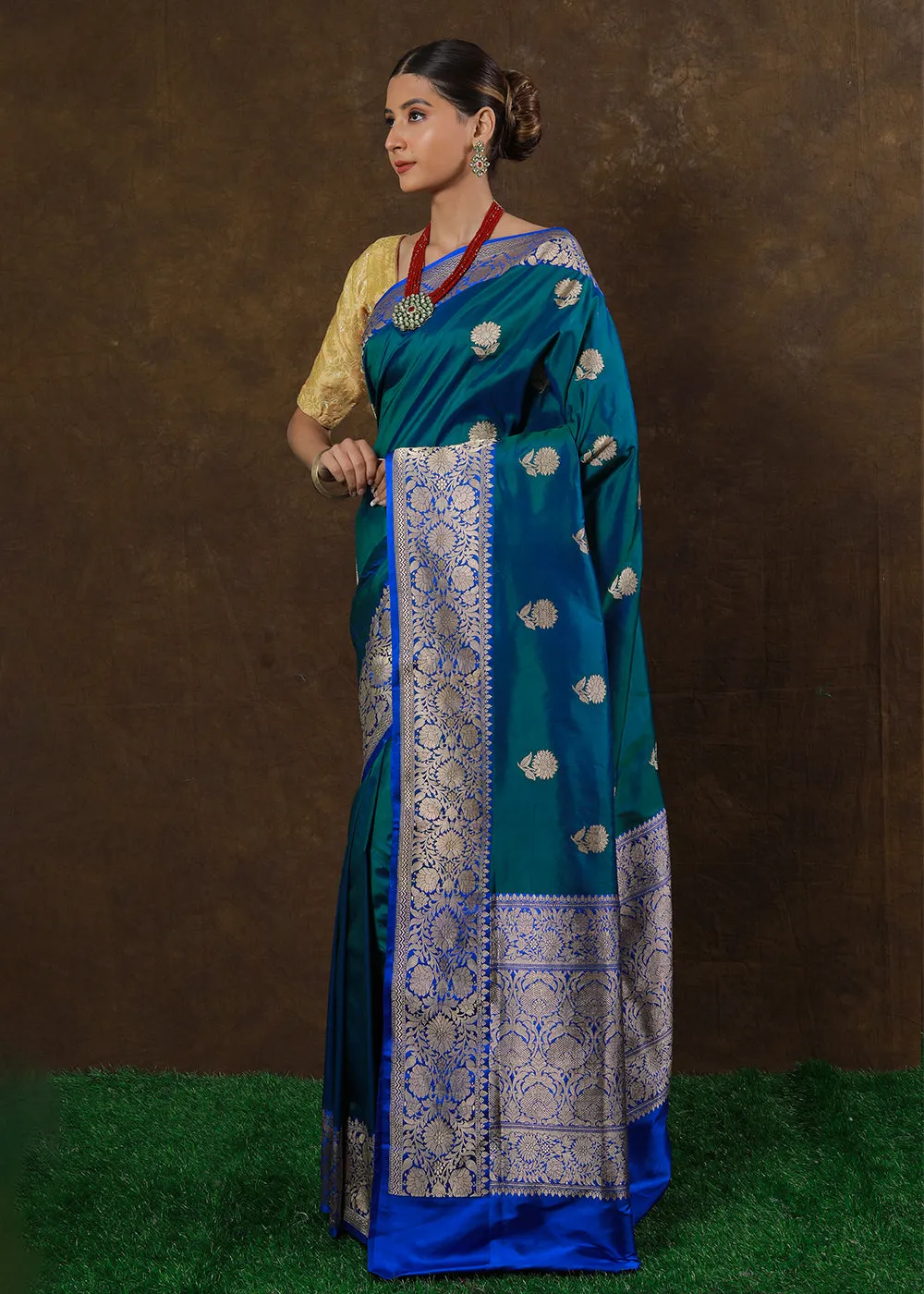 Peacock Blue Hand Woven Pure Katan Silk Saree