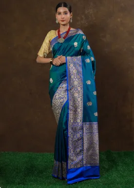 Peacock Blue Hand Woven Pure Katan Silk Saree