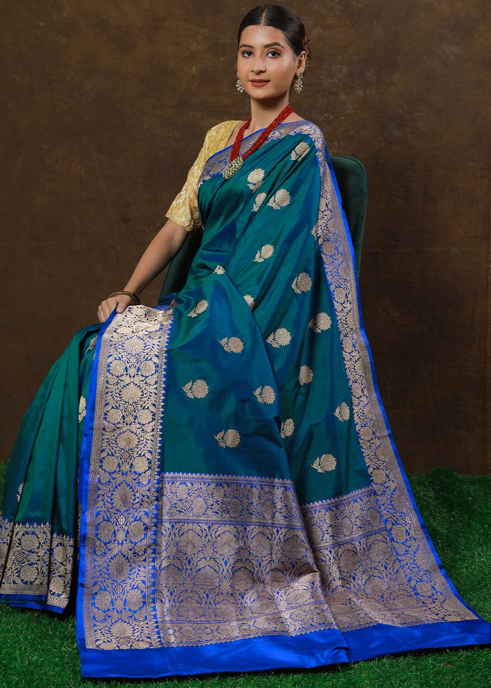 Peacock Blue Hand Woven Pure Katan Silk Saree
