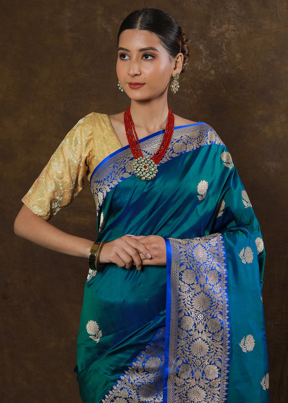 Peacock Blue Hand Woven Pure Katan Silk Saree