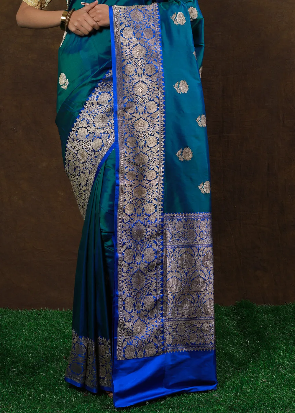 Peacock Blue Hand Woven Pure Katan Silk Saree