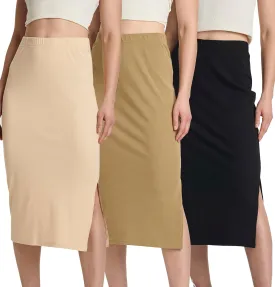 Real Essentials 3 Pack: Women's Midi Ribbed Knit Skirt with Side Slit - Stretchy Work Business Casual Pencil Pull-On Skirts