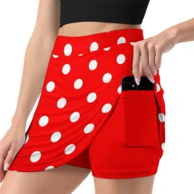 Red With White Polka Dots Athletic A-Line Skirt With Pocket Solid Shorts