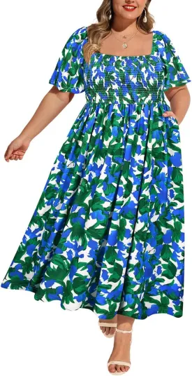 RITERA Plus Size Dresses for Curvy Women Square Neck Short Sleeve Summer Floral Smocked Maxi Dress with Pocket XL-5XL