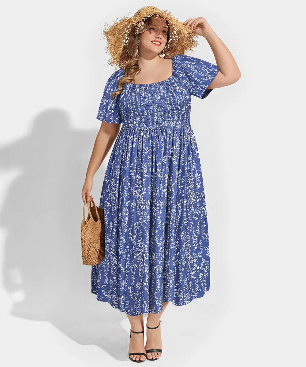 RITERA Plus Size Dresses for Curvy Women Square Neck Short Sleeve Summer Floral Smocked Maxi Dress with Pocket XL-5XL