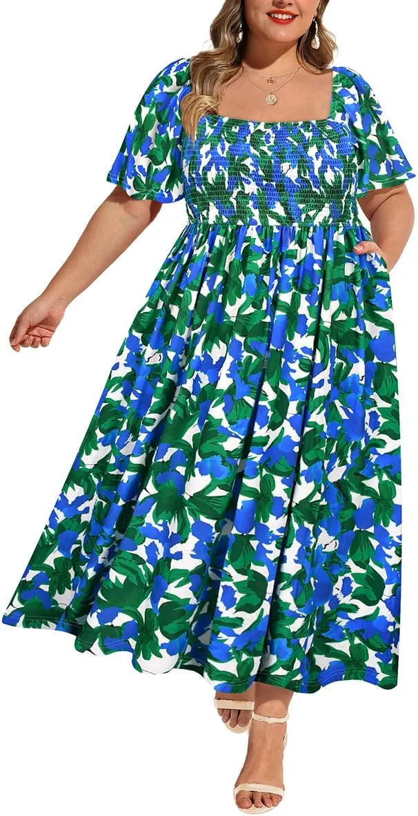 RITERA Plus Size Dresses for Curvy Women Square Neck Short Sleeve Summer Floral Smocked Maxi Dress with Pocket XL-5XL