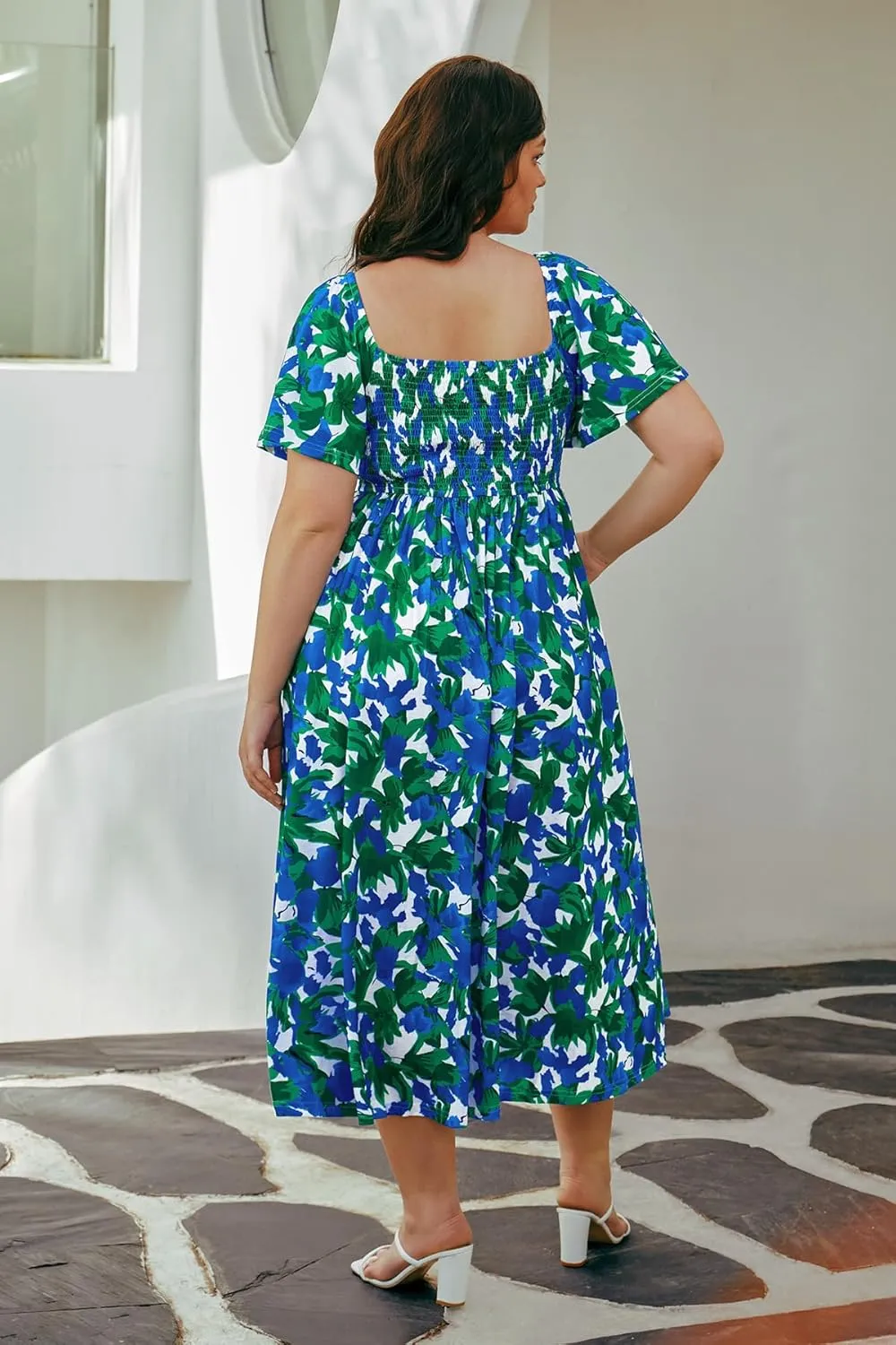 RITERA Plus Size Dresses for Curvy Women Square Neck Short Sleeve Summer Floral Smocked Maxi Dress with Pocket XL-5XL