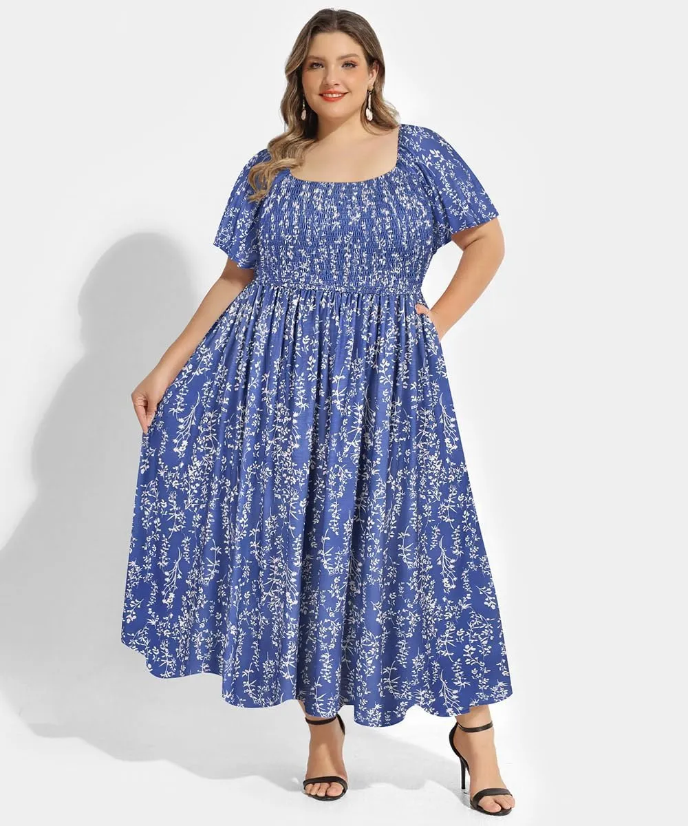 RITERA Plus Size Dresses for Curvy Women Square Neck Short Sleeve Summer Floral Smocked Maxi Dress with Pocket XL-5XL