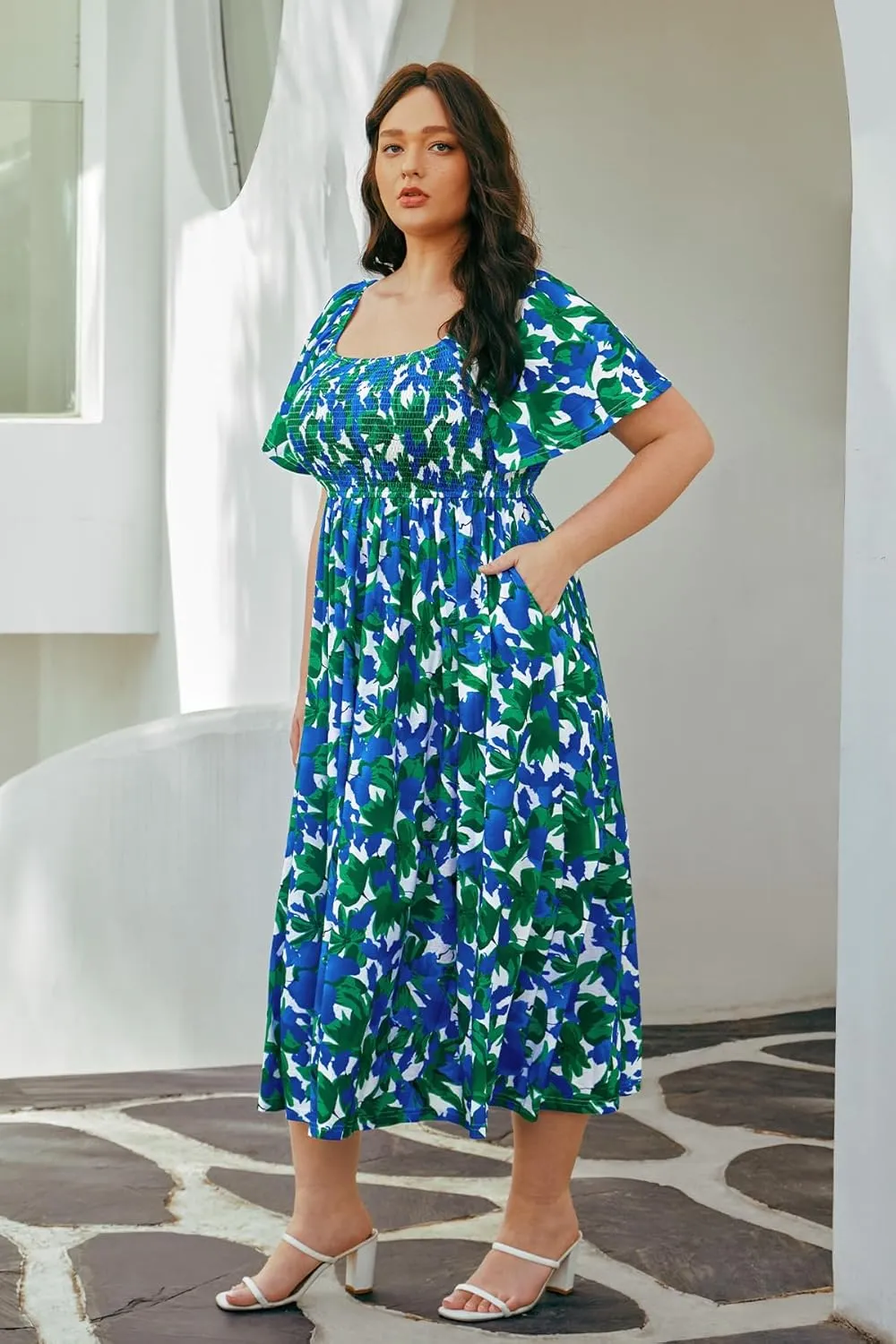RITERA Plus Size Dresses for Curvy Women Square Neck Short Sleeve Summer Floral Smocked Maxi Dress with Pocket XL-5XL