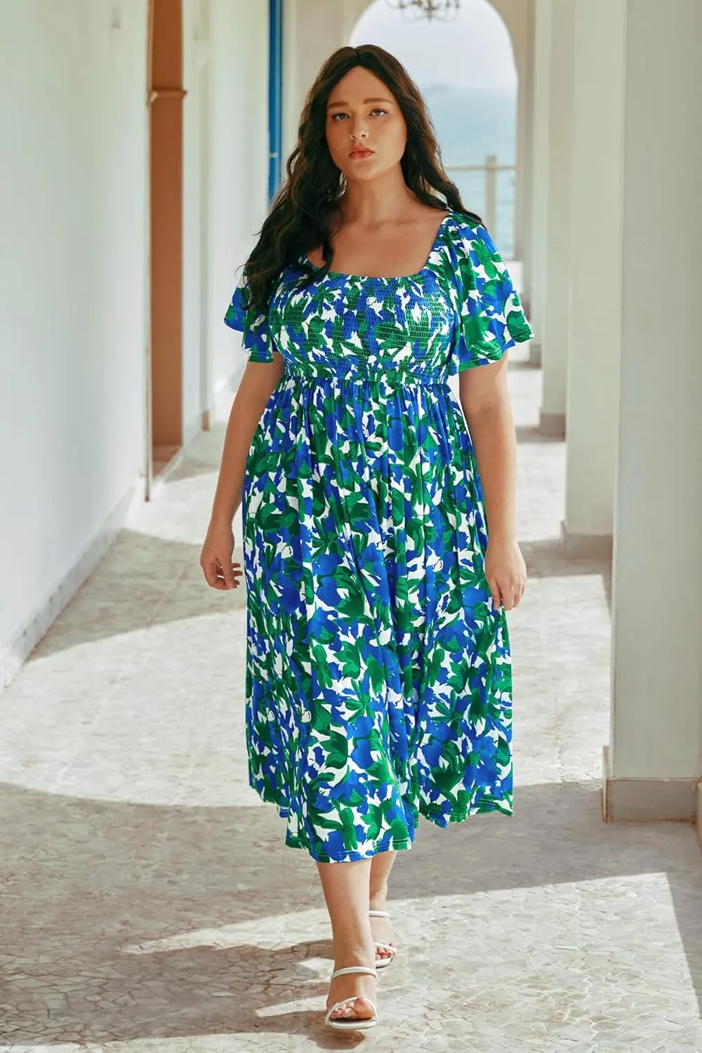 RITERA Plus Size Dresses for Curvy Women Square Neck Short Sleeve Summer Floral Smocked Maxi Dress with Pocket XL-5XL