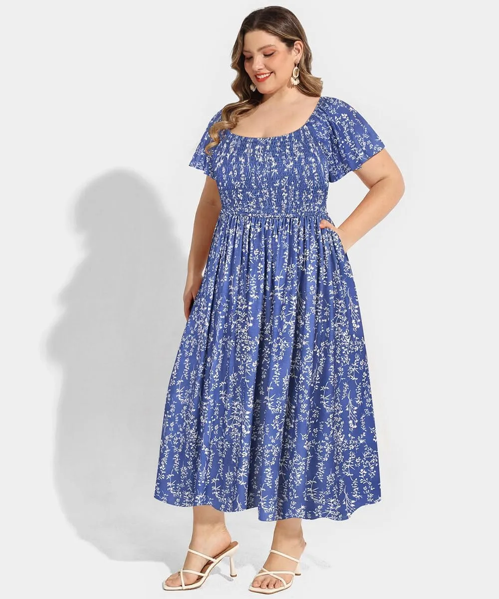 RITERA Plus Size Dresses for Curvy Women Square Neck Short Sleeve Summer Floral Smocked Maxi Dress with Pocket XL-5XL