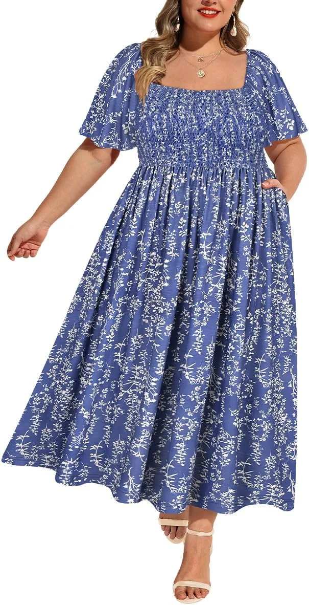 RITERA Plus Size Dresses for Curvy Women Square Neck Short Sleeve Summer Floral Smocked Maxi Dress with Pocket XL-5XL