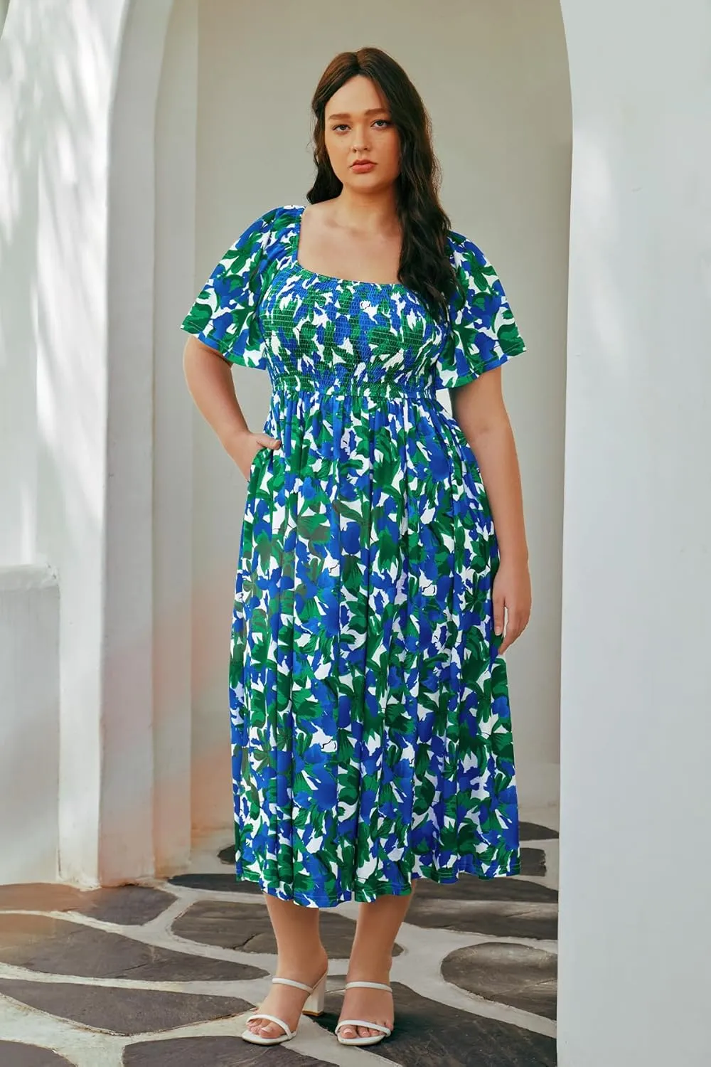 RITERA Plus Size Dresses for Curvy Women Square Neck Short Sleeve Summer Floral Smocked Maxi Dress with Pocket XL-5XL